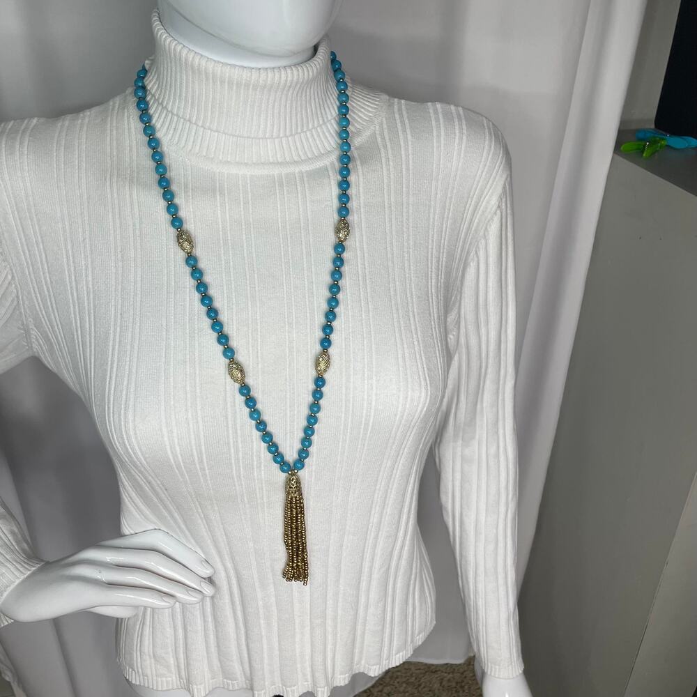 LOFT Ann Taylor beaded necklace signed costume jewelry blue turquoise tassel